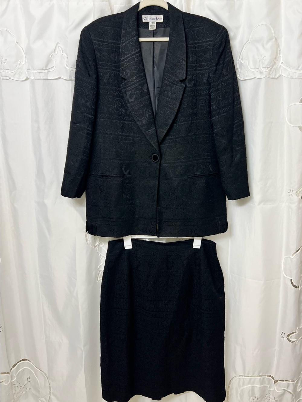 Vintage Christian Dior Black Jacquard Fringe Blazer Skirt Suit Set Size 16 USA